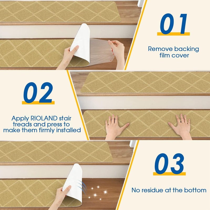 RIOLAND Stair Treads Carpet Non-Slip Indoor 15 PCS Wood Stair Treads Rugs Anti Moving Modern Stair Runners Safety for Kids Dogs, 8" X 30", Diamond Beige - Image 5
